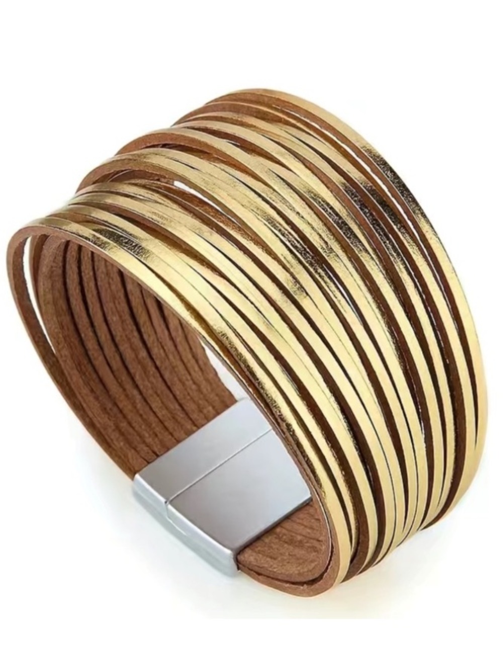 Gold Shimmering Metallic Multi Layer Leather Magnetic Bracelet
